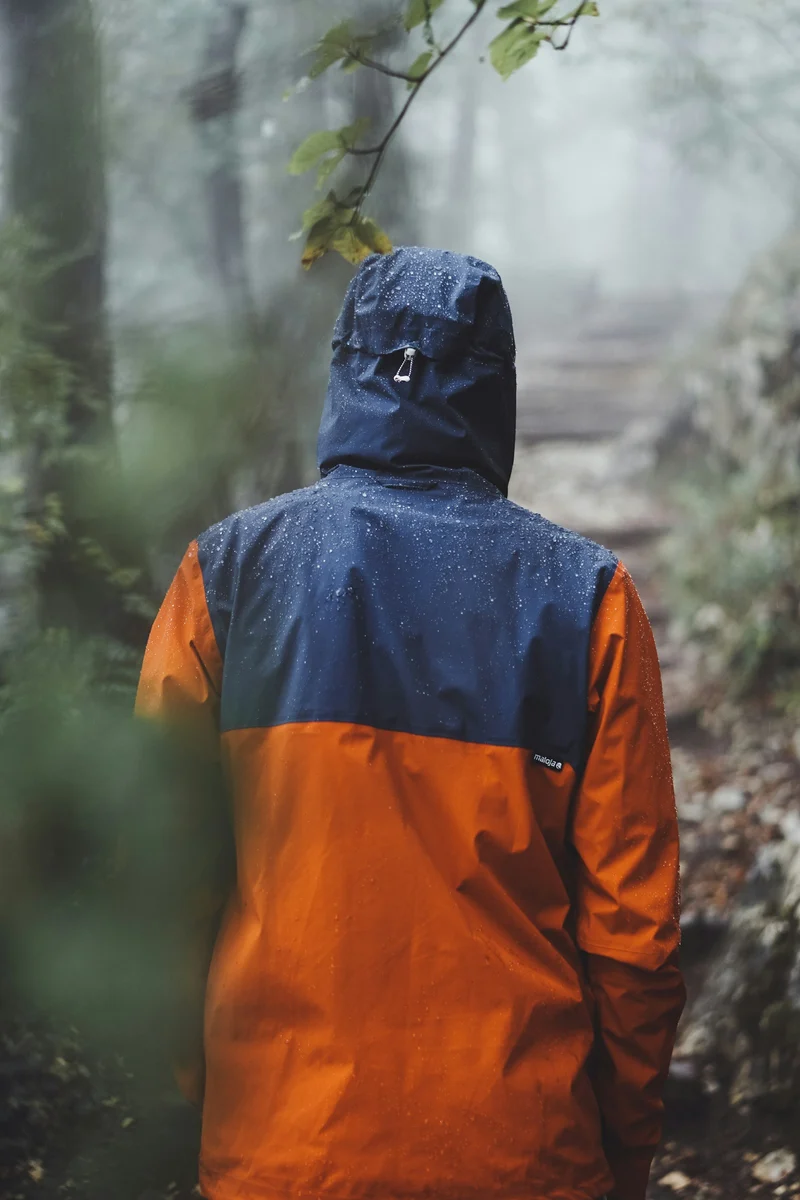 Person in an orange and blue waterproof shell in a misty forest (demo photo)