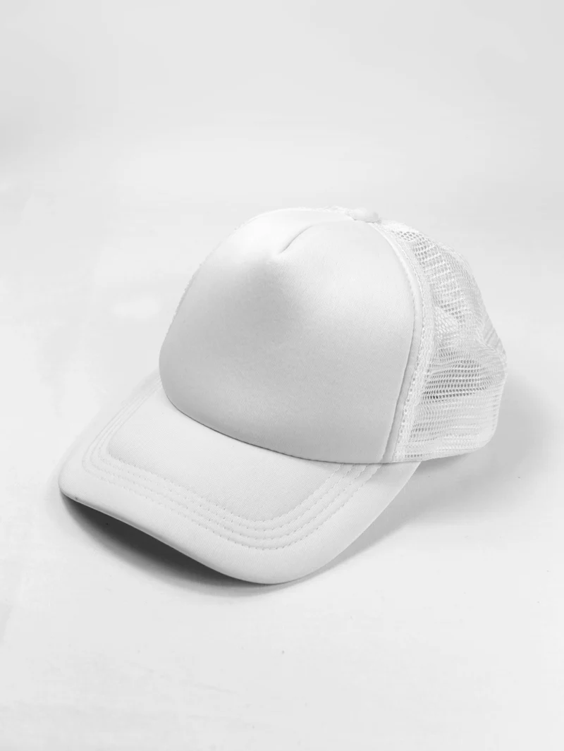 White six-panel trucker cap on a white background (demo photo)