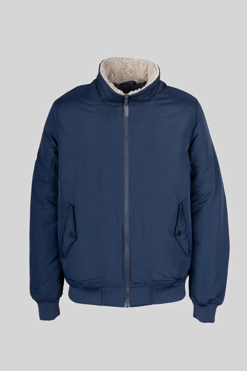 Navy insulated jacket with a fleece collar on a light grey background (demo photo)