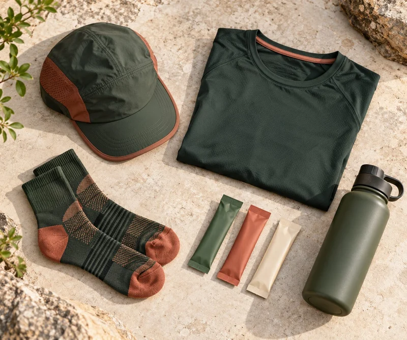 Trail cap, socks, tee, electrolyte sachets and a bottle laid out on stone (demo photo)