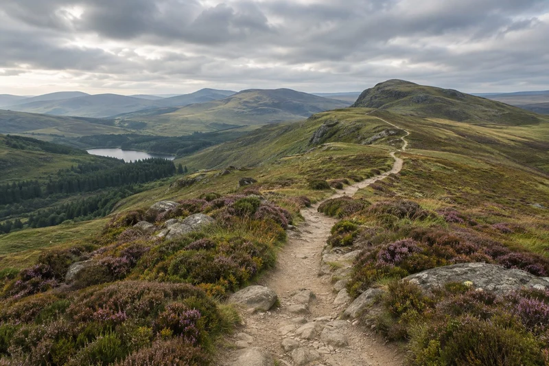 Moorland single-track through heather under a wide sky (demo photo)