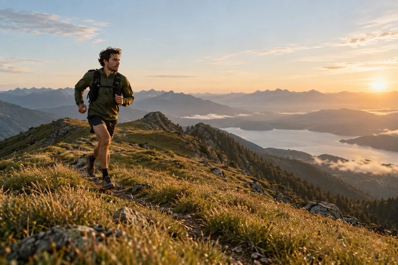Trail runner on a ridgeline at sunrise above a lake (demo photo)